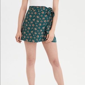 AE High-Waisted Wrap Mini Skirt, Green Floral, XXS
